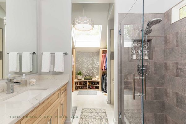 contemporary bathroom remodel featuring a walk-in shower sleek fixtures and modern finishes
